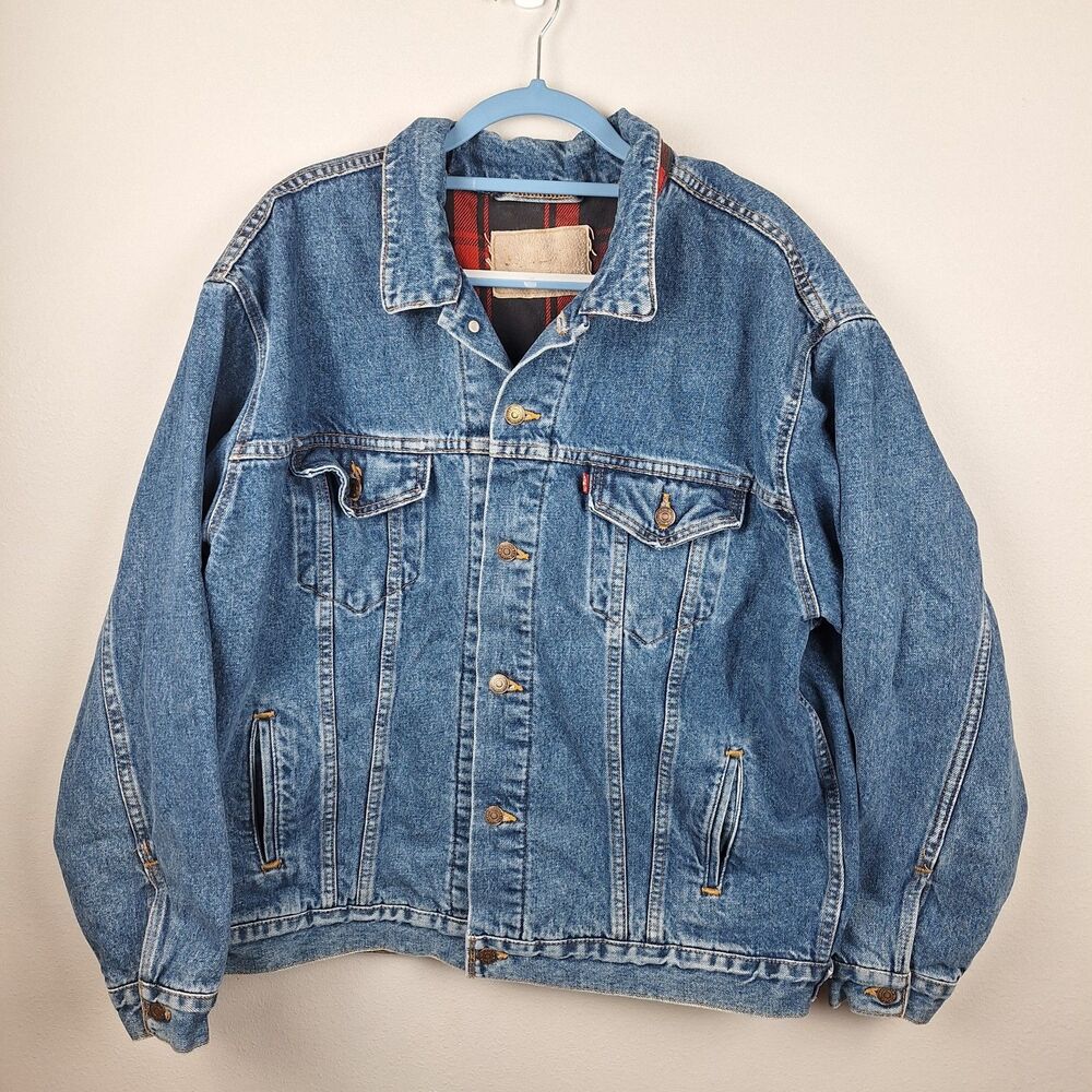 Vtg 1994 Levi"s Buffalo Plaid Flannel Lined Trucker Jacket XL 54" USA 70427 4891